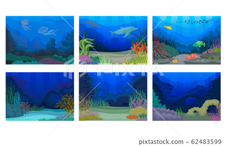 Underwater and Marine Scenes and Views with Fish and Algae Vector Set Underwater and Marine Scenes and Views with Fish and Algae Vector Set 62483599