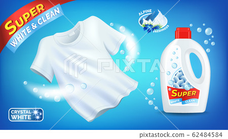 Laundry detergent ad with clean white T-shirt and liquid product package, plastic bottle with label, Alpine freshness perfume, vector illustration. 62484584