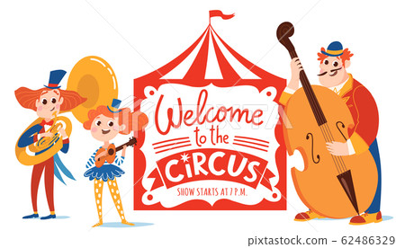 Welcome to the circus vector poster with lettering and cartoon cute characters 62486329