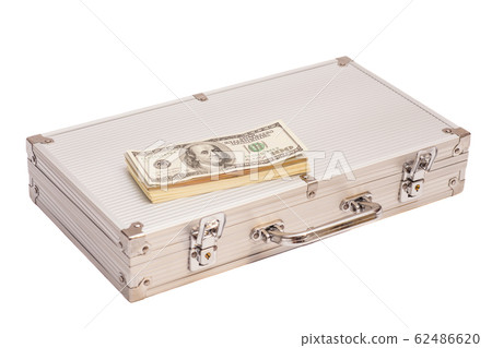 Silver case with dollars on white background Silver case with dollars on white background 62486620
