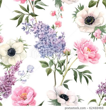 Beautiful vector seamless floral pattern with watercolor anemones, lilac and peony flowers. Stock illustration. 62488468