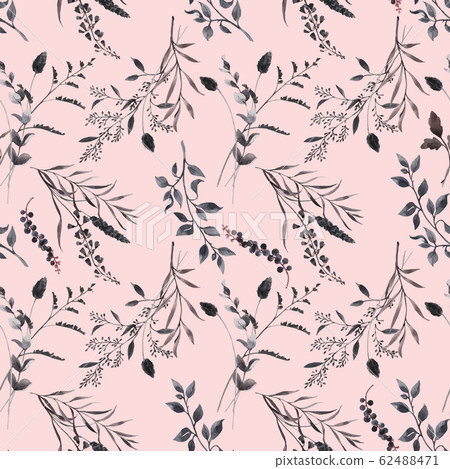 Beautiful vector seamless pattern with watercolor dark wild field herbs, black grass. Stock illustration. 62488471