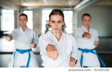 Group of young women practising karate indoors in gym. Group of young women practising karate indoors in gym. 62489190