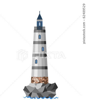 Vector flat lighthouse. Cartoon landscape. Searchlight tower for maritime navigational guidance. Architecture object. Flat building lighthouse on bank 62489529