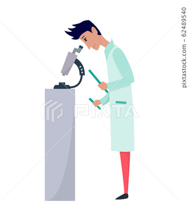 Young scientists characters in laboratory. Doctor research in a laboratory lab. Professor look in microscope. Stereotype of scientist. Vector illustration isolated on white background 62489540