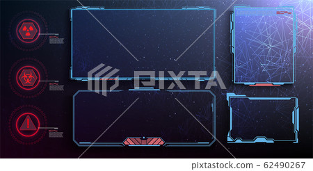HUD, GUI futuristic frame user interface screen elements set. Set with call outs communication. Futuristic callout bar. Set of HUD futuristic sci fi frame template. Digital info boxes layout template 62490267