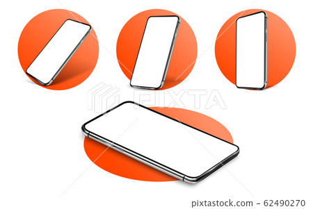 Smartphone frameless blank screen, rotated position. 3D isometric of a cell phone. Smartphone perspective view. A template for an infographic or presentation with fashionable 2020 colors. 62490270