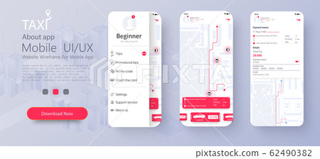 Taxi service app on mobile phone. Different UI, UX, GUI screens Taxi app and flat web icons for mobile apps. Concept of location service. Dashboard theme, creative infographic of city map 62490382