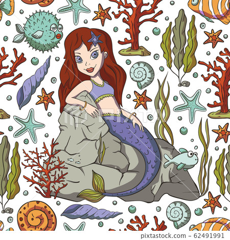 Seamless pattern with cute mermaids. Seamless pattern with cute mermaids. 62491991