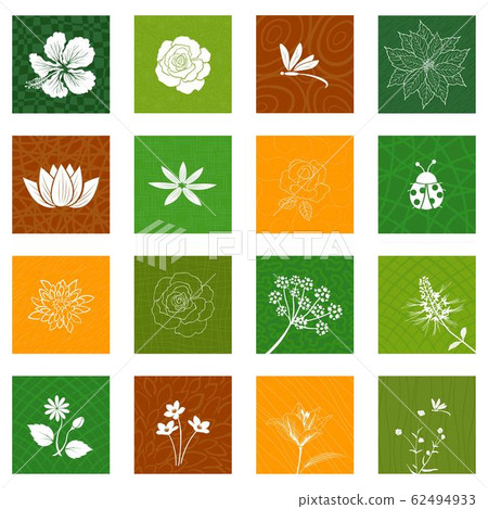 White flowers and leaves icons set isolated on different background for decorative graphic design 62494933