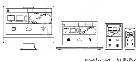 筆記本電腦,智能手機和平板電腦顯示網頁白色背景線條藝術 筆記本電腦,智能手機和平板電腦顯示網頁白色背景線條藝術 62496809