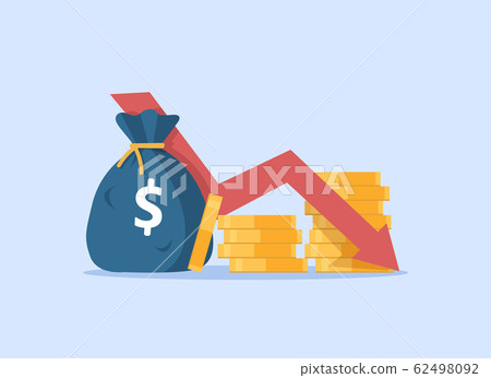 flat cartoon cash with down arrow stocks graph,investment expenses, bad economy reduction,Money loss flat cartoon cash with down arrow stocks graph,investment expenses, bad economy reduction,Money loss 62498092