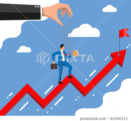 Businessman marionette is hanging on ropes. 62500311