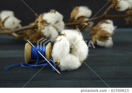 Natural cotton bolls with reel of blue yarn 62500623