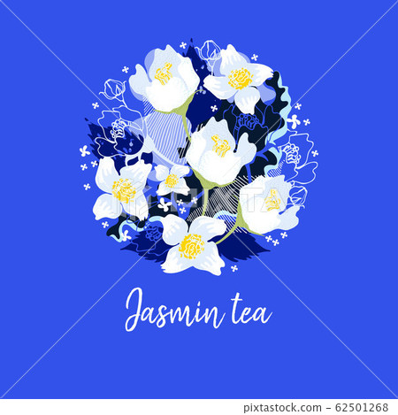 Tea card design. Tea with jasmine. Bright background. Vector illustration. 62501268