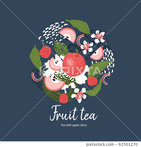 Tea card design. Fruit tea. Tea with an apple. Template for flyers, banners, advertising. Tea card design. Fruit tea. Tea with an apple. Template for flyers, banners, advertising. 62501270