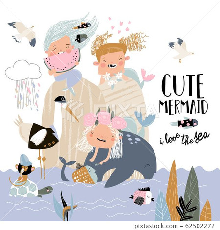 Cute little mermaids with happy cartoon friends 62502272