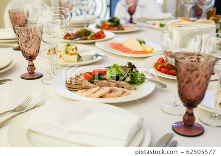 Served for banquet restaurant table with dishes, 62505577