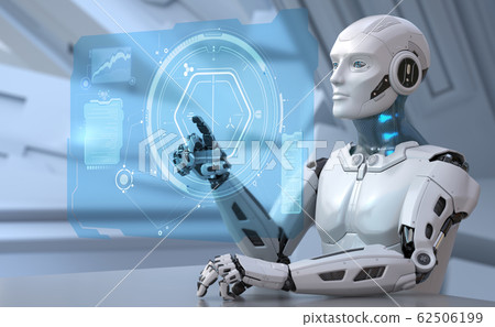 Robot is working with futuristic touchscreen 62506199