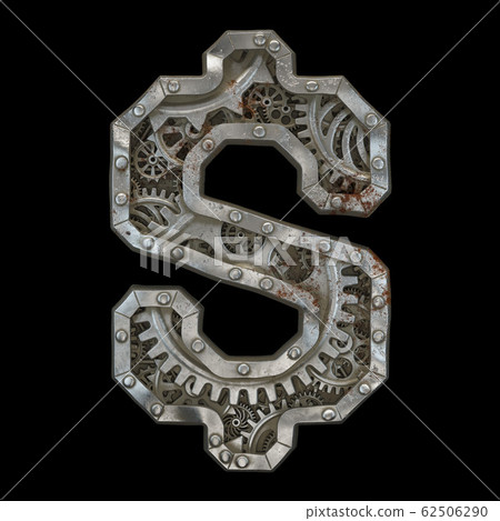 Mechanical alphabet made from rivet metal with gears on black background. Symbol dollar. 3D 62506290