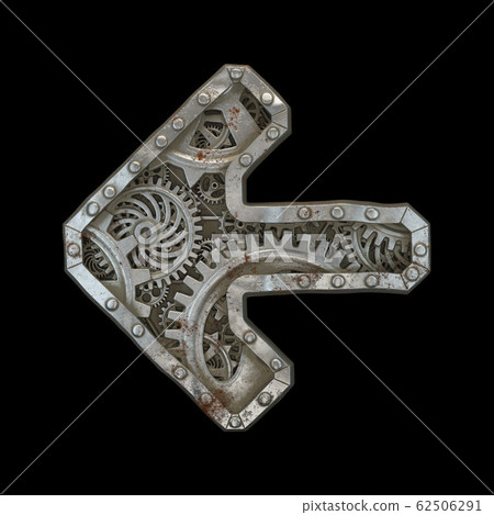 Mechanical alphabet made from rivet metal with gears on black background. Symbol left arrow. 3D 62506291
