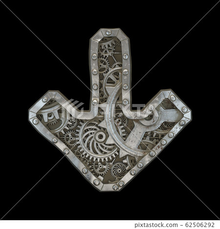 Mechanical alphabet made from rivet metal with gears on black background. Symbol arrow to down. 3D 62506292