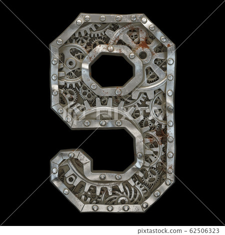 Mechanical alphabet made from rivet metal with gears on black background. Number 9. 3D 62506323