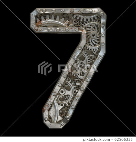 Mechanical alphabet made from rivet metal with gears on black background. Number 7. 3D Mechanical alphabet made from rivet metal with gears on black background. Number 7. 3D 62506335