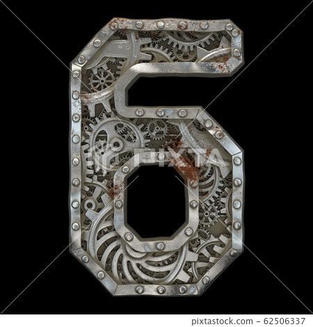 Mechanical alphabet made from rivet metal with gears on black background. Number 6. 3D Mechanical alphabet made from rivet metal with gears on black background. Number 6. 3D 62506337