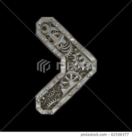Mechanical alphabet made from rivet metal with gears on black background. Symbol right angle bracket. 3D Mechanical alphabet made from rivet metal with gears on black background. Symbol right angle bracket. 3D 62506377
