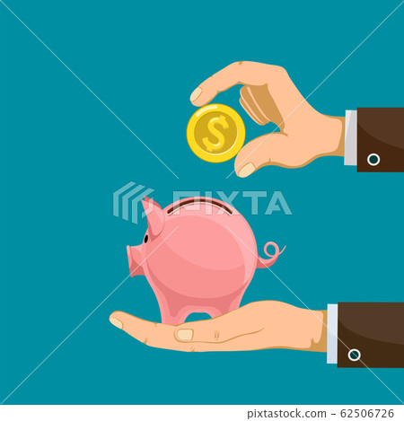Hand puts a golden dollar coin into a piggy bank - Stock Illustration ...