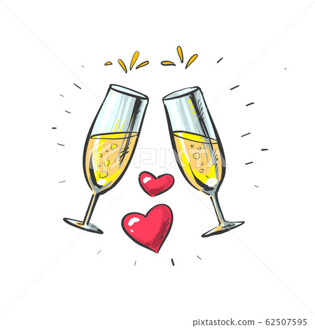 Pair of sparkling champagne glasses with two hearts 62507595