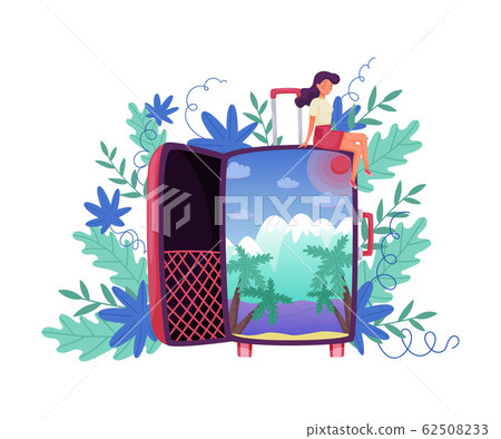 Girl Sitting on Huge Luggage Installation with Floral Leaves Peeped Out from Behind Vector Illustration 62508233