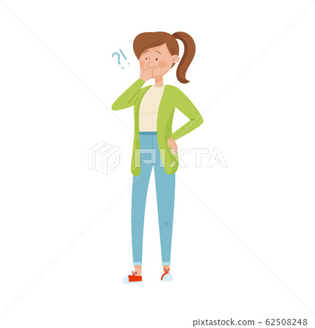 Thoughtful Woman Standing Touching Her Chin and Question Mark Vector Illustration 62508248