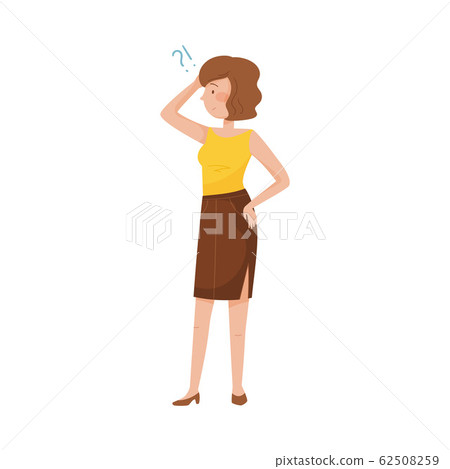 Young Woman Standing with Thoughtful Expression on Her Face and Question Mark Vector Illustration Young Woman Standing with Thoughtful Expression on Her Face and Question Mark Vector Illustration 62508259