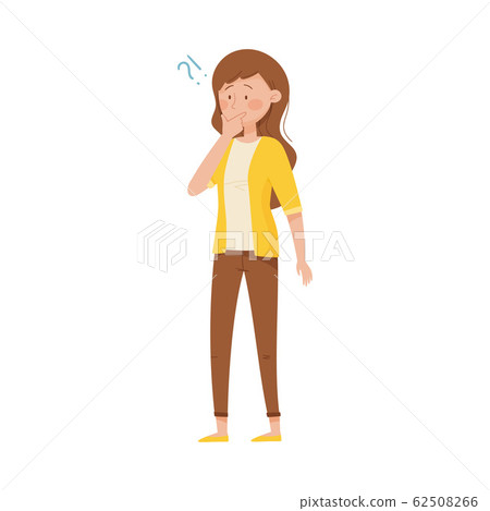 Thoughtful Woman Standing Touching Her Chin and Question Mark Vector Illustration Thoughtful Woman Standing Touching Her Chin and Question Mark Vector Illustration 62508266