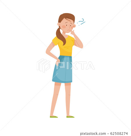 Thoughtful Woman Standing with Her Finger on Her Lips and Question Mark Vector Illustration 62508274
