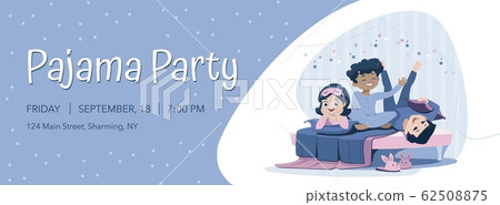 Three cheerful kids of diverse race in blue nightwear lie on the bed, having pajama party. Sleepover and slumber party announcement horizontal banner template. Print advertisement. 62508875