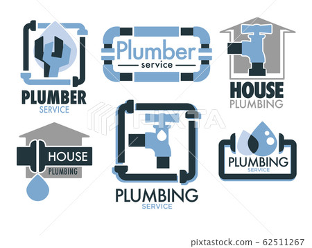Plumbing services isolated icons, pipes and taps, leakage repair 62511267