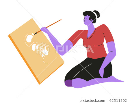 Woman painting on canvas sitting, isolated female character Woman painting on canvas sitting, isolated female character 62511302