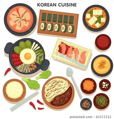Korean cuisine, set of dishes with veggies and seafood 62511312