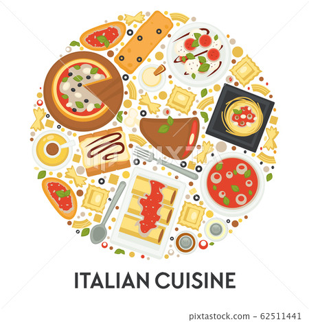 Italian cuisine menu, pizza and pasta, food of Italy Italian cuisine menu, pizza and pasta, food of Italy 62511441