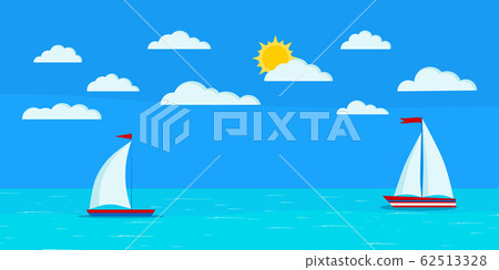 Cartoon flat design style sea landscape with two sailboats, clouds, blue sky, sun, calm ocean. 62513328