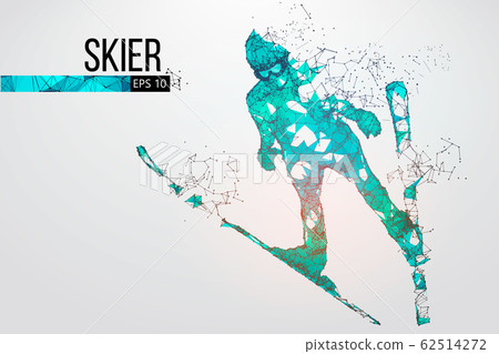 Silhouette of a skier jumping isolated. Dots, lines, triangles, text, color effects and background on a separate layers, color can be changed in one click. Vector illustration Silhouette of a skier jumping isolated. Dots, lines, triangles, text, color effects and background on a separate layers, color can be changed in one click. Vector illustration 62514272