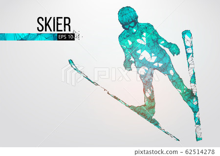 Silhouette of a skier jumping isolated. Dots, lines, triangles, text, color effects and background on a separate layers, color can be changed in one click. Vector illustration Silhouette of a skier jumping isolated. Dots, lines, triangles, text, color effects and background on a separate layers, color can be changed in one click. Vector illustration 62514278