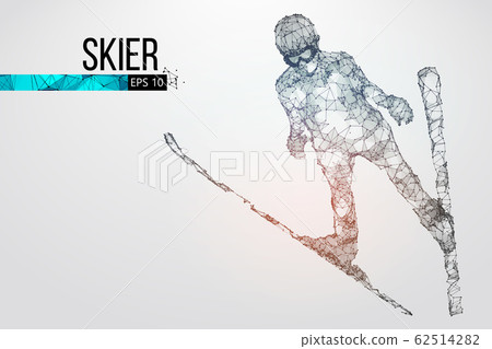 Silhouette of a skier jumping isolated. Dots, lines, triangles, text, color effects and background on a separate layers, color can be changed in one click. Vector illustration 62514282