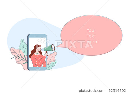 Woman character in smartphone shouting in loudspeaker. Cute cartoon advertising promotion concept. Woman character in smartphone shouting in loudspeaker. Cute cartoon advertising promotion concept. 62514502