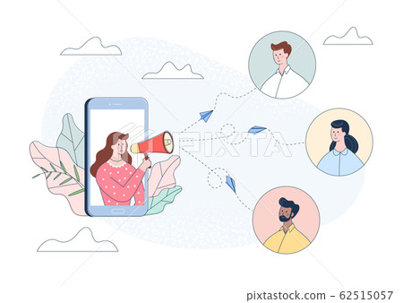Woman character in smartphone shouting in loudspeaker. Influence advertising promotion concept. Woman character in smartphone shouting in loudspeaker. Influence advertising promotion concept. 62515057