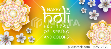 Happy Holi festival of spring and colors vector banner template with flowers and mandalas on rainbow background Happy Holi festival of spring and colors vector banner template with flowers and mandalas on rainbow background 62517170