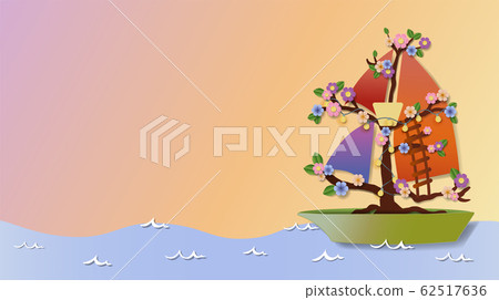 happy beautiful paper art graphic illustration of  seascape with blossom vessel sailing at dawn background in conceptual of successful and bright future  62517636
